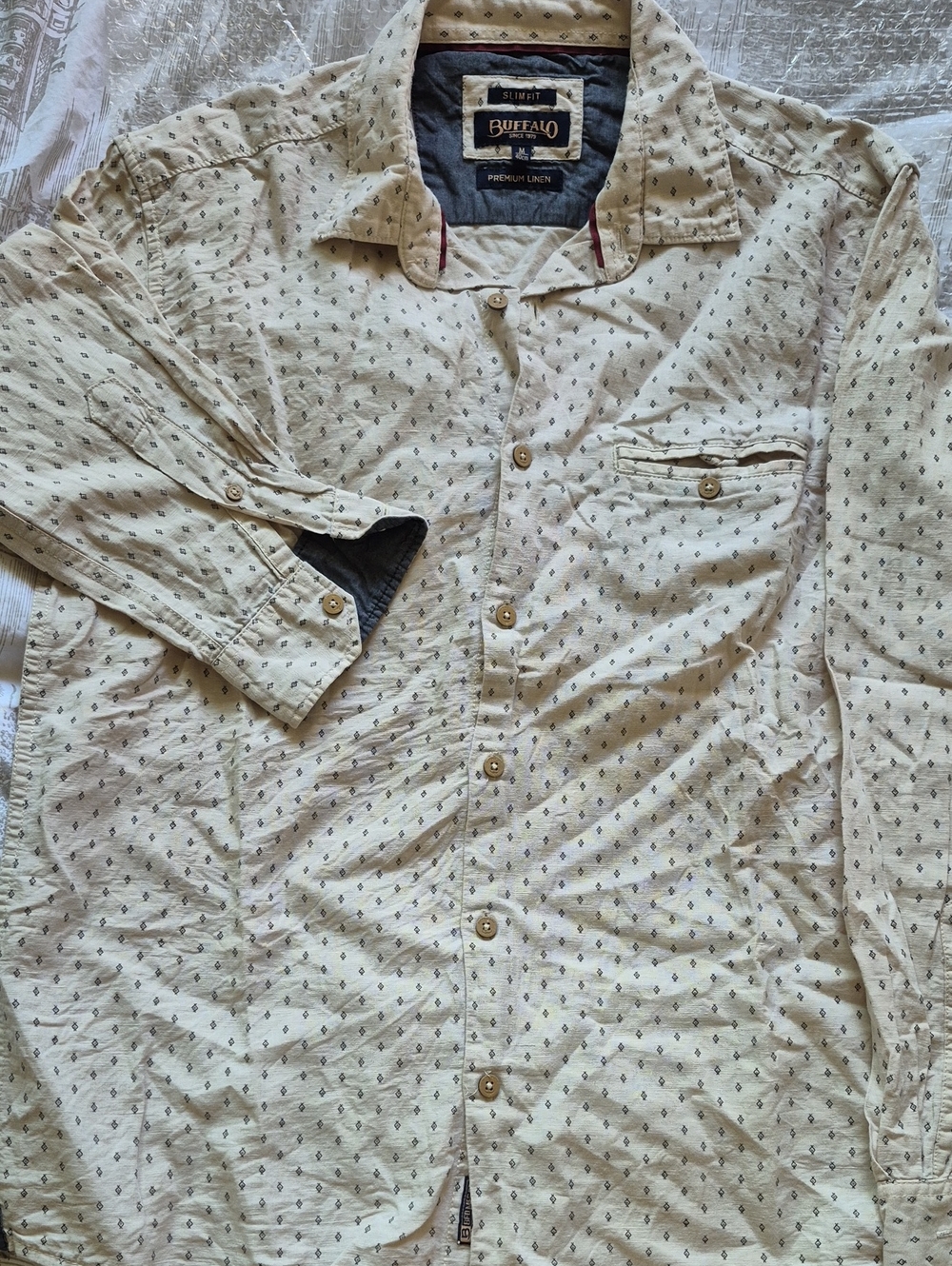 Buffalo David Bitton Premium Linen Cream Button-Up  Shirt with Navy Micro Dots